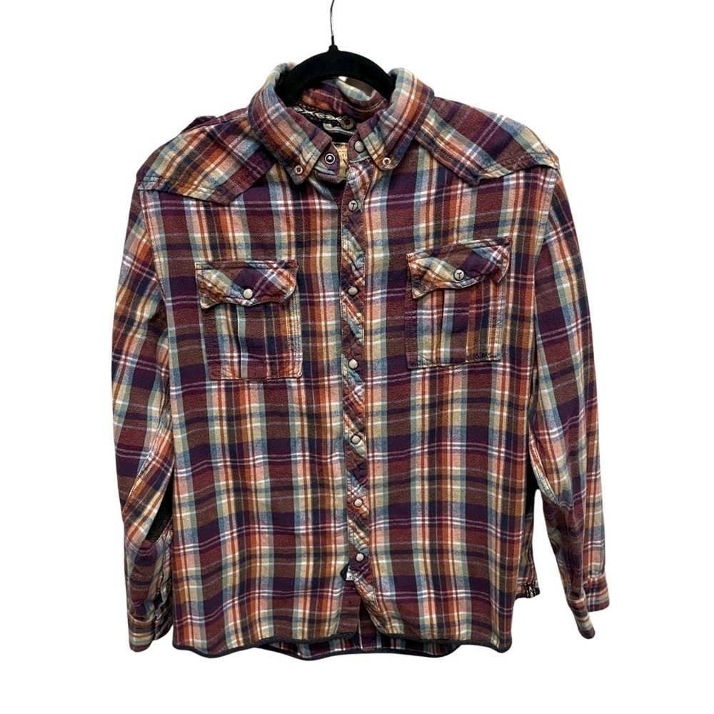 TFG Plaid Flannel Pearl Snap Shirt Western Grunge Workwear Elbow Patch Womens L